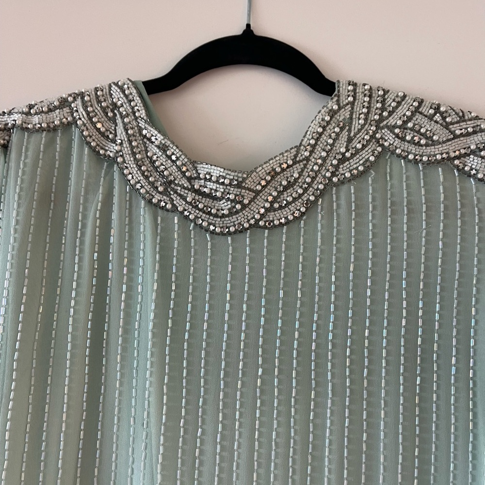 Oleg Cassini Green Pleated Long Sleeve Gown